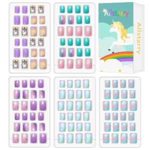 Allstarry 120pcs 5 pack Children Nails Press on Pre-glue Full Cover Glitter Gradient Color Rainbow Short False Nail Kits